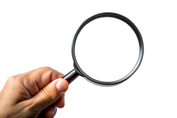 Hand holding magnifying glass isolated on transparent background, Concept of search