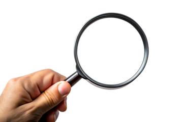 Hand holding magnifying glass isolated on transparent background, Concept of search
