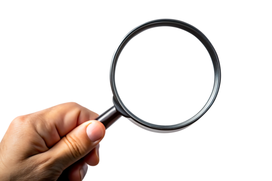 Hand holding magnifying glass isolated on transparent background, Concept of search