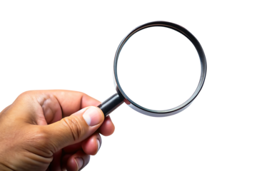 Hand holding magnifying glass isolated on transparent background, Concept of search