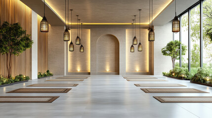 Fototapeta premium serene mosque interior featuring prayer mats, elegant lighting, and greenery