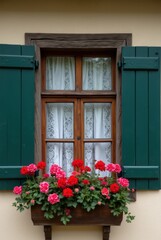 Obraz premium Charming Austrian window adorned with vibrant flowers and wooden shutters