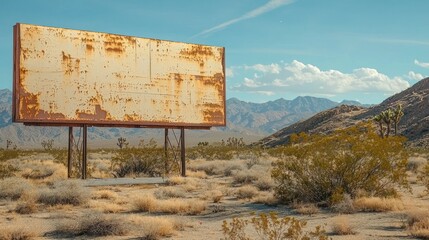 A partially weathered billboard in a desert landscape with mountains in the background.