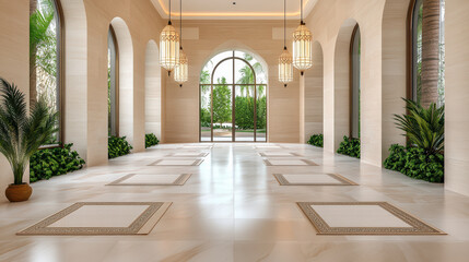 serene interior of mosque featuring elegant arches and lush greenery
