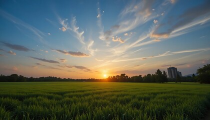 Fototapeta premium Stunning Sunset over Lush Green Field with Distant Building, Vibrant Sky and Cirrus Clouds