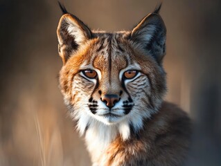 Obraz premium Close-up portrait of a majestic bobcat with piercing gaze, against a soft brown background