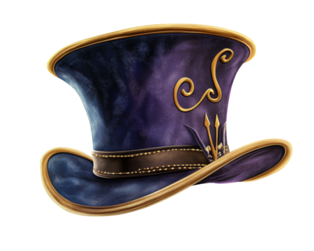 stylish purple top hat with gold accents and decorative band, perfect for whimsical occasions. This unique accessory adds touch of elegance and charm to any outfit