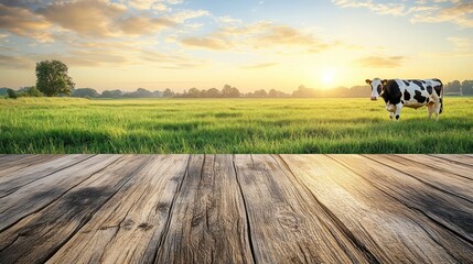 Obraz premium Sunrise Pasture Cow Wood Table Dairy Farm