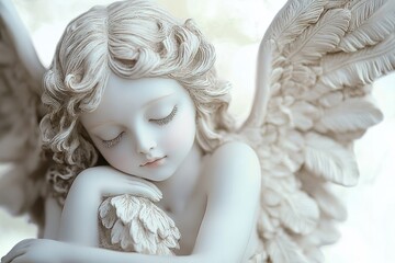 Fototapeta premium Guardian Angel Statue with Intricate Wings in Soft Lighting