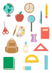 Set of school elements, school equipment cartoon collection, back to school elements 