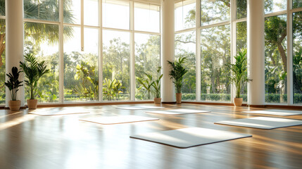 Bright yoga studio with mats and plants, perfect for relaxation and wellness