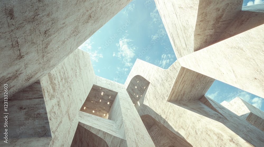 Poster this abstract image showcases fragmented concrete structures against a bright sky, offering a minima