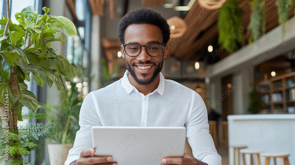 Poster man learning new language on tablet in modern cafe