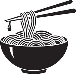 A vector silhouette illustration of a set of black noodles in a bowl with a spoon in the bowl, hand drawn illustration of a bowl of food