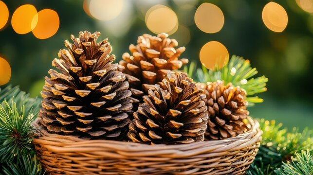 Golden pine cones in a wicker basket, nestled amongst evergreen branches. A warm, autumnal scene.