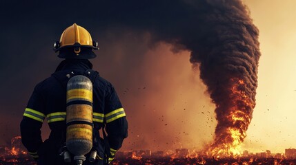 Firefighter confronts tornado stormy landscape dramatic scene