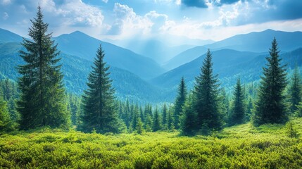 Mountain range sunrise, evergreen forest, nature