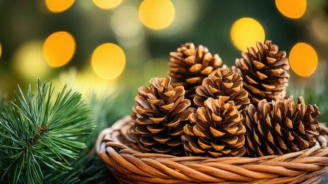 Pine cones in a wicker basket, festive winter scene with bokeh lights.