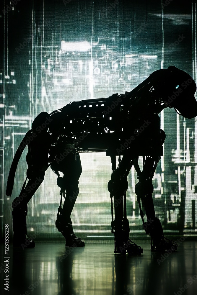 Poster silhouette of a robotic dog in front of a glowing digital matrix, showcasing advanced technology and