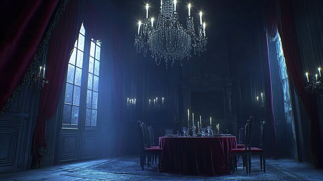Dark elegant dining room, night, mansion, candlelight, windows, mystery,  dinner setting,  game background