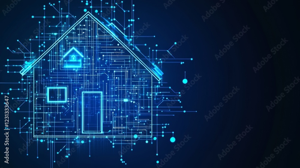 Poster this digital artwork showcases a futuristic home design embedded in an intricate network of blue cir