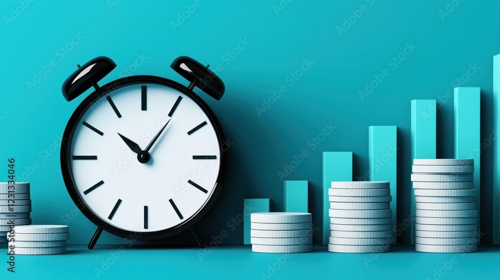 Poster a clock next to stacked coins symbolizes the relationship between time and financial growth, emphasi