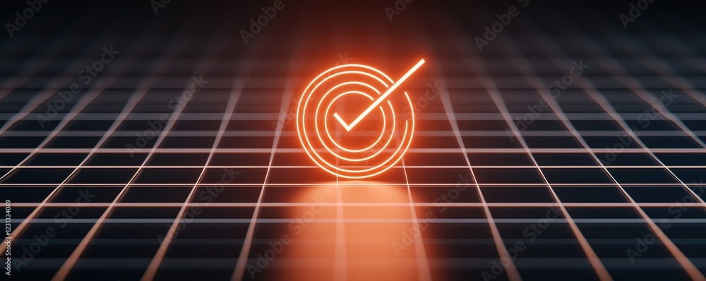 Poster a glowing checkmark icon on a digital grid background, symbolizing success and validation in a moder