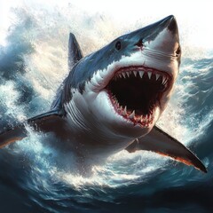 Obraz premium Fierce Great White Shark Leaping Out of Turbulent Ocean Waves