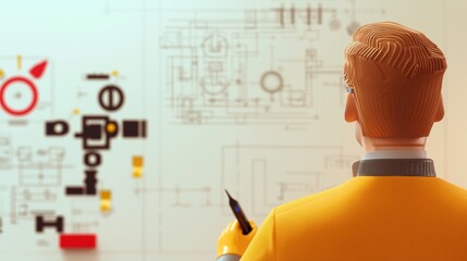 Engineer discussing plans with team in office setting collaboration