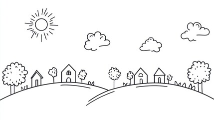 Sunny village landscape, rolling hills, houses, trees, kids illustration, children's book