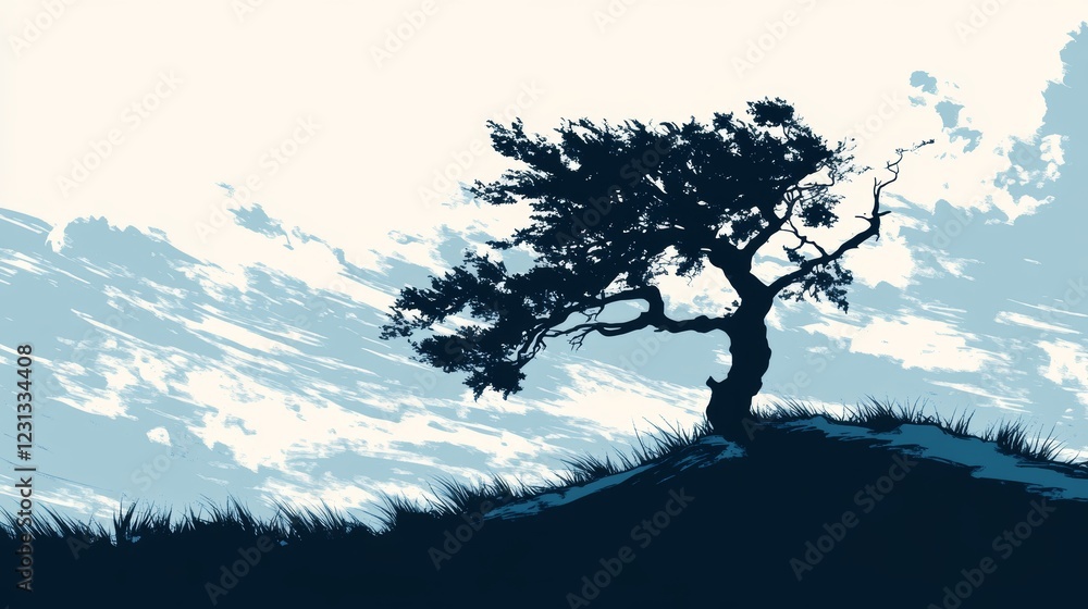 Poster a tree is standing on a hill with a cloudy sky in the background. the tree is the main focus of the 