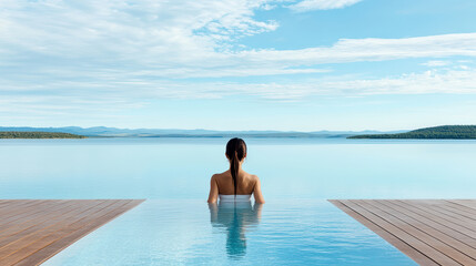 serene moment as woman relaxes in tranquil infinity pool overlooking vast lake
