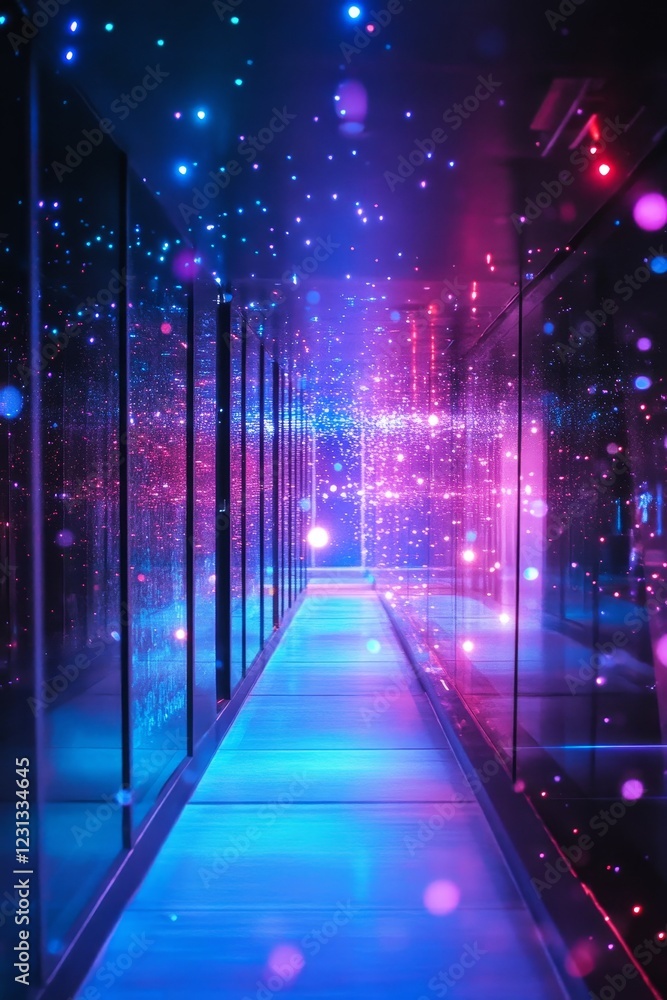 Poster exploring futuristic hallways filled with multicolored light and reflections