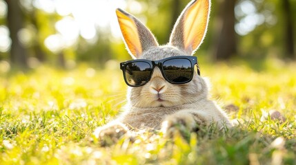 Cool bunny relaxing in the sun.  Shades on, enjoying a sunny day.