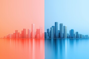 A vibrant cityscape divided into warm orange and cool blue sections, reflecting modern architecture and a serene water surface.