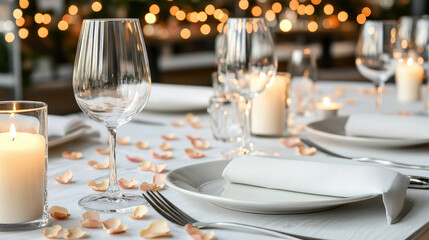 Fototapeta premium romantic dinner table setup with candles and rose petals creates warm atmosphere