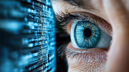 close up of human eye observing digital data, showcasing technology impact
