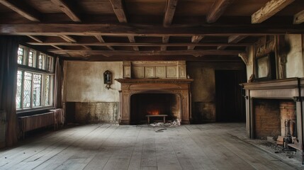 Abandoned Manor House Interior with Two Fireplaces and Large Window