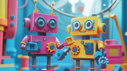 Cute Colorful Toy Robots Working Together in a Futuristic Workshop