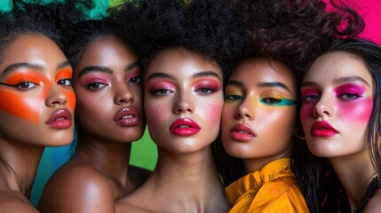 A diverse group of models showcasing bold makeup looks against a colorful background.