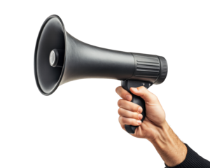 person holding black megaphone, symbolizing communication and announcements. image conveys sense of urgency and attention