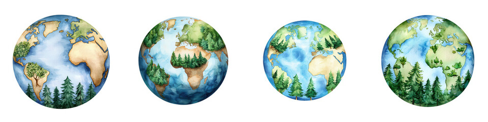 Beautiful Watercolor Earth Globes with Trees and Nature Elements