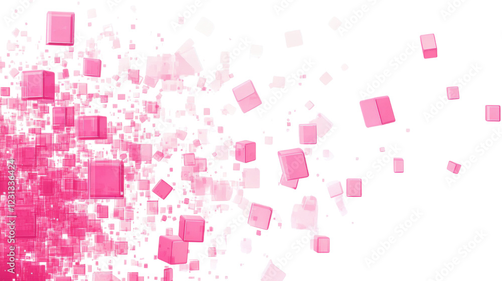 Poster pink cubes disintegrating on transparent background