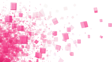 Pink cubes disintegrating on transparent background