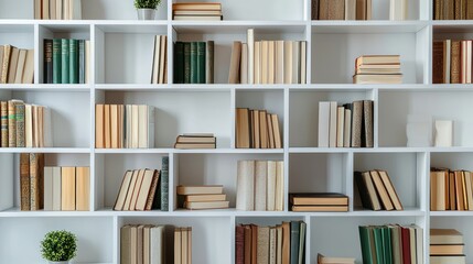 A modern bookshelf with open and closed compartments.