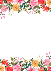 Watercolor flowers frame background for design. Floral border frame card template.	