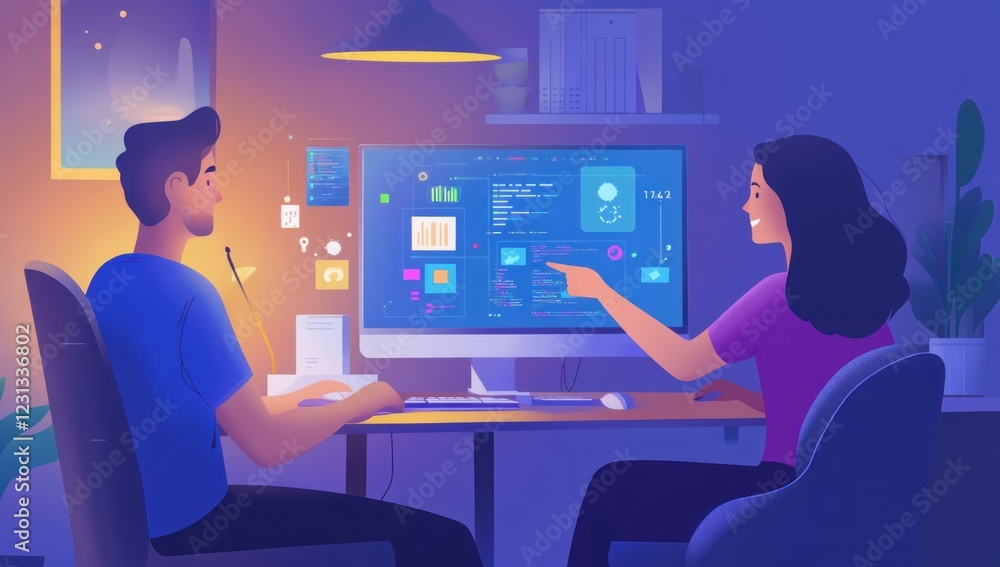 Poster two colleagues collaborate on a coding project late at night in a shared workspace.