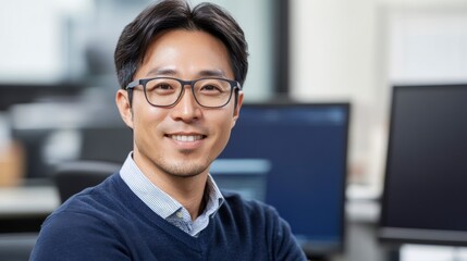 A smiling man with glasses in a modern office setting, representing professionalism and approachability.