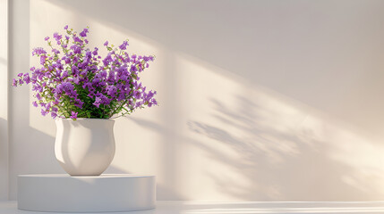 Fototapeta premium hite vase holding purple flowers placed on a wooden floor,Vibrant lavender plant in a clay pot sits on a natural fiber mat by a bright window, casting shadows and adding charm to the cozy interior