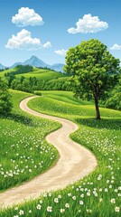 Winding dirt path through a vibrant, idyllic spring meadow and rolling hills